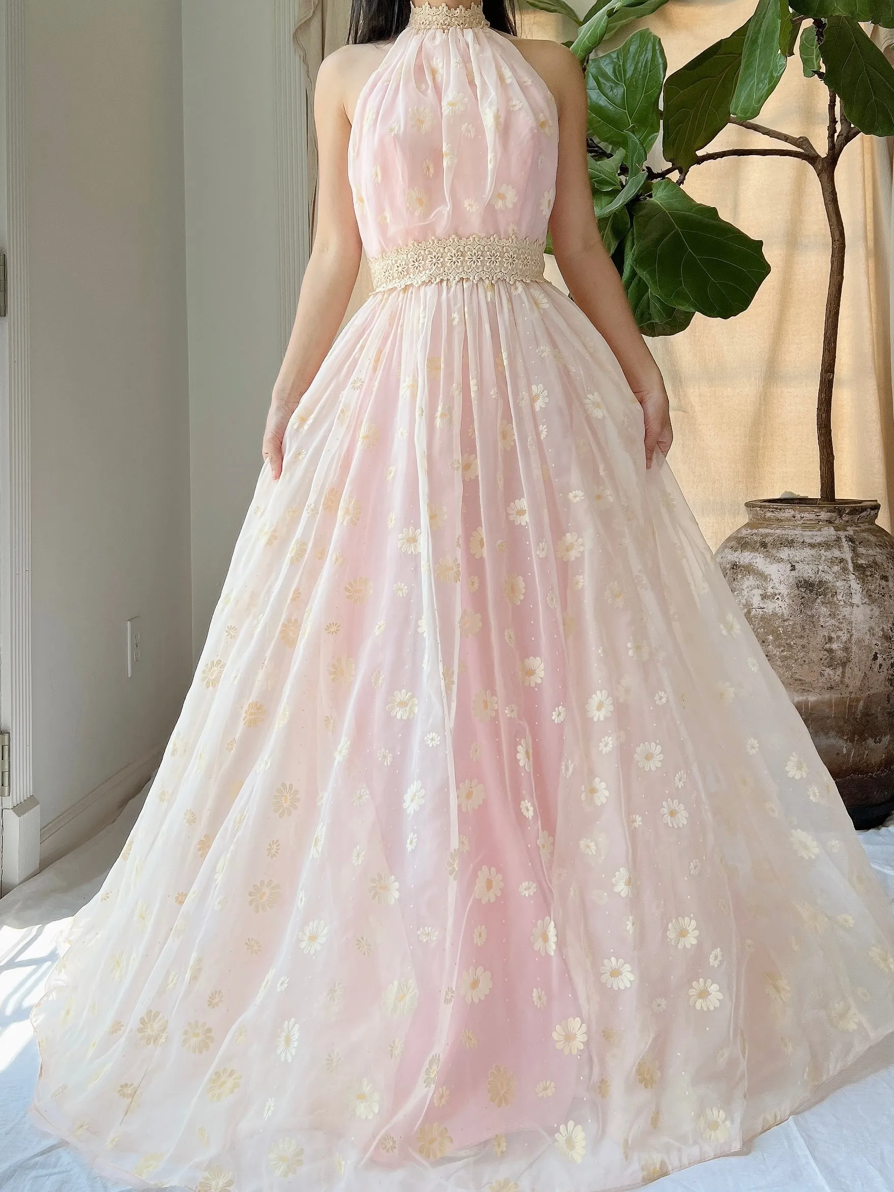 Vintage Daisy Floral Halter Gown - XS