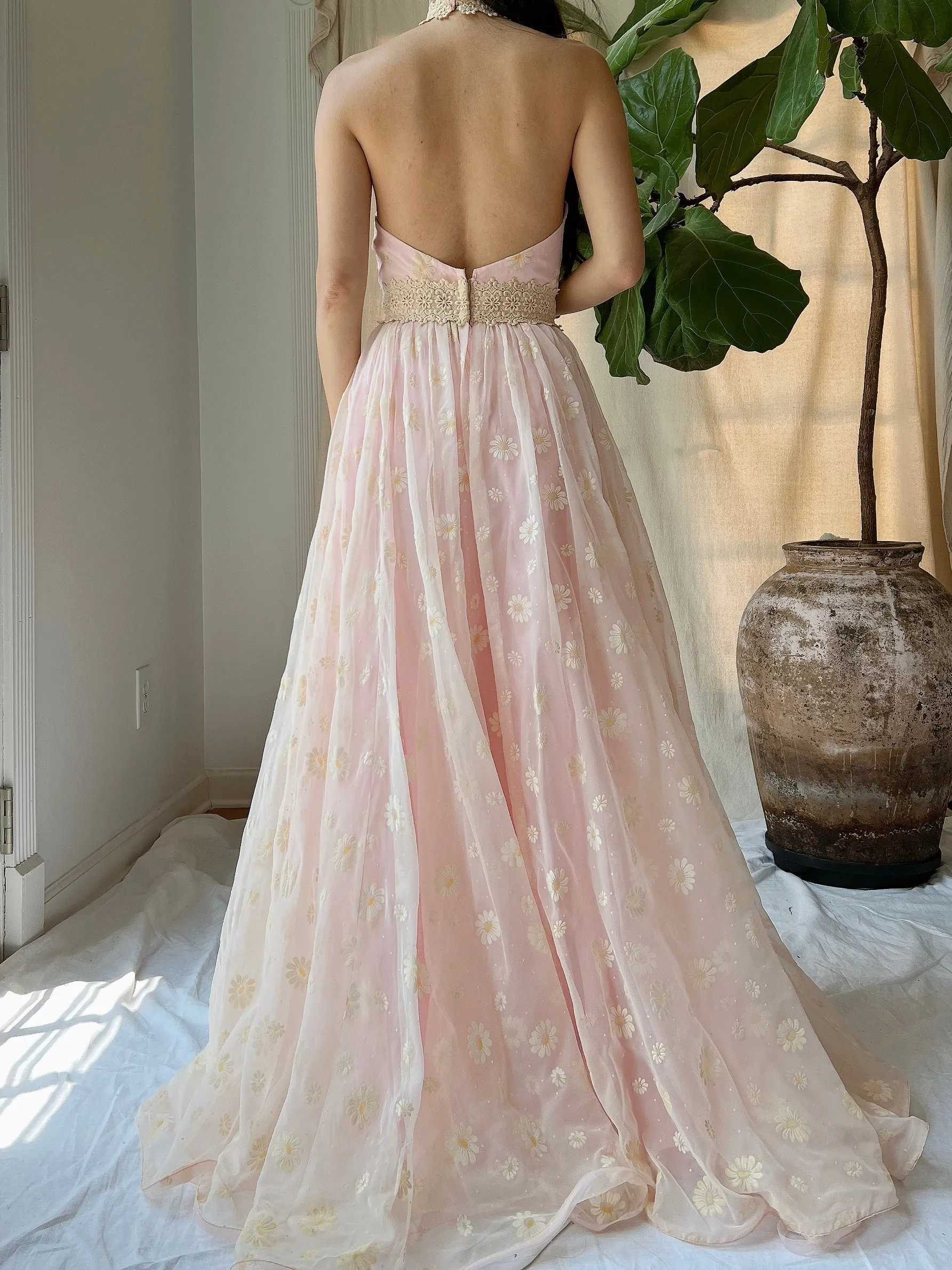 Vintage Daisy Floral Halter Gown - XS