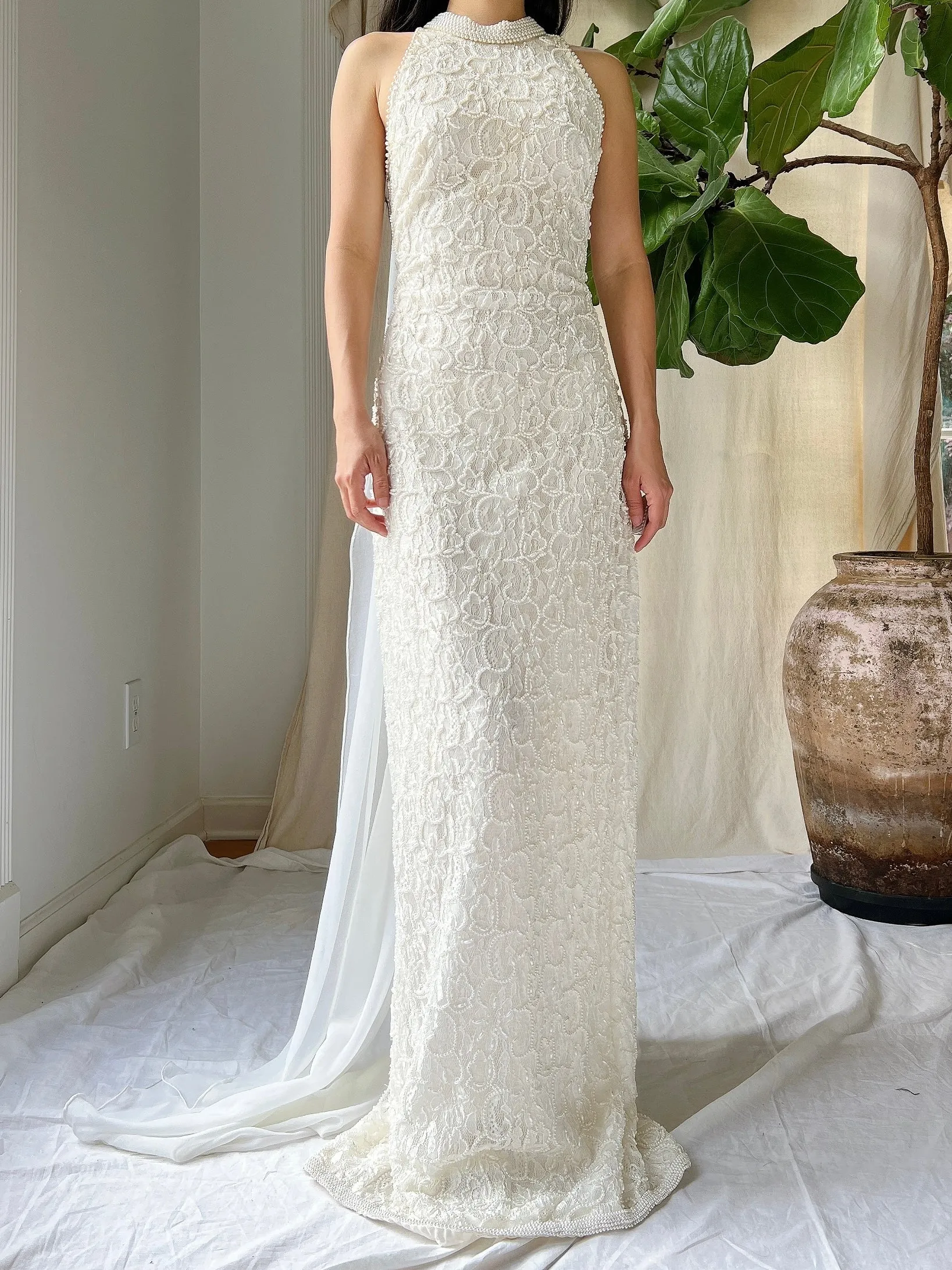 Vintage Lace Pearl Beaded Halter Dress - M