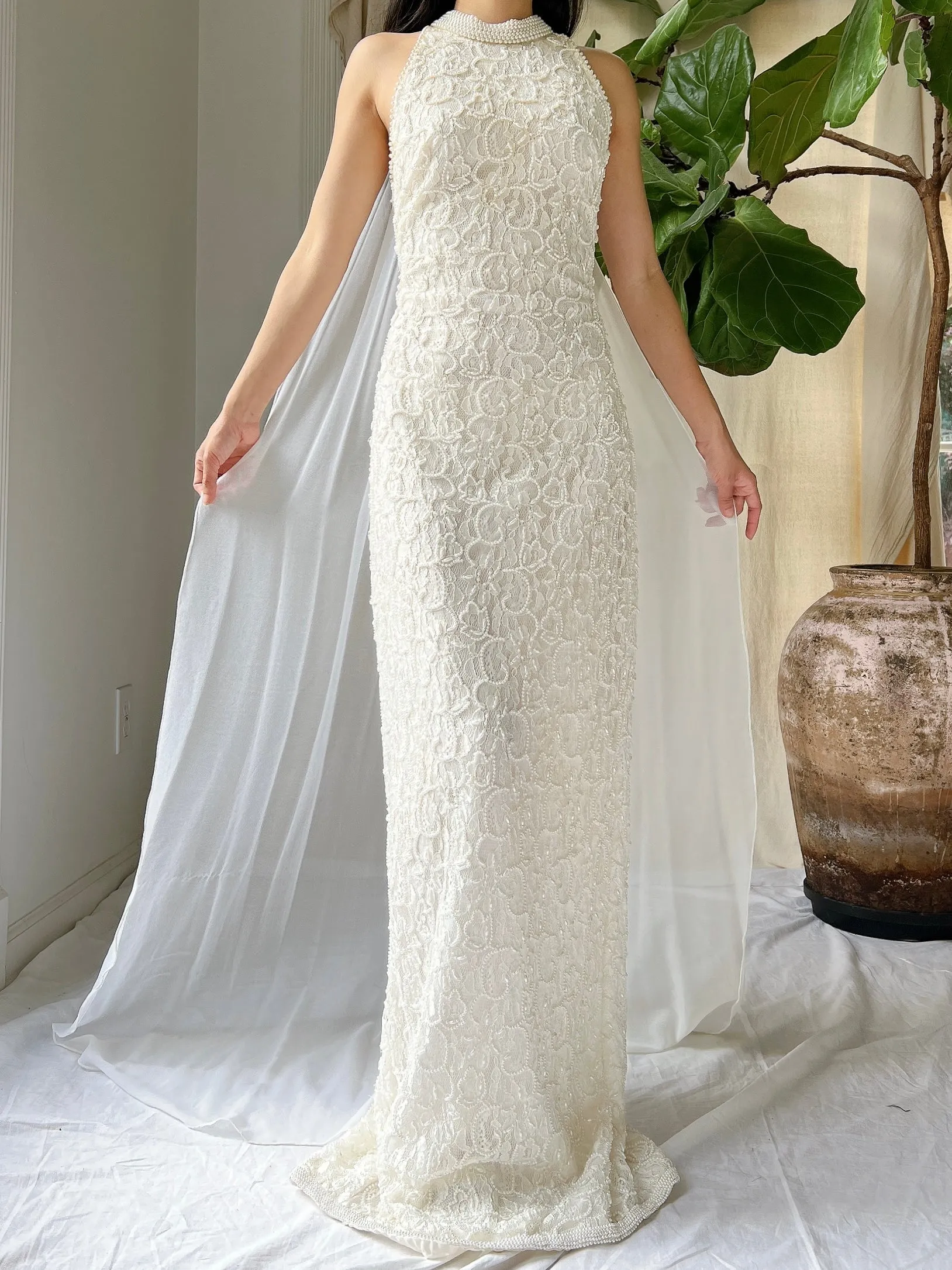 Vintage Lace Pearl Beaded Halter Dress - M