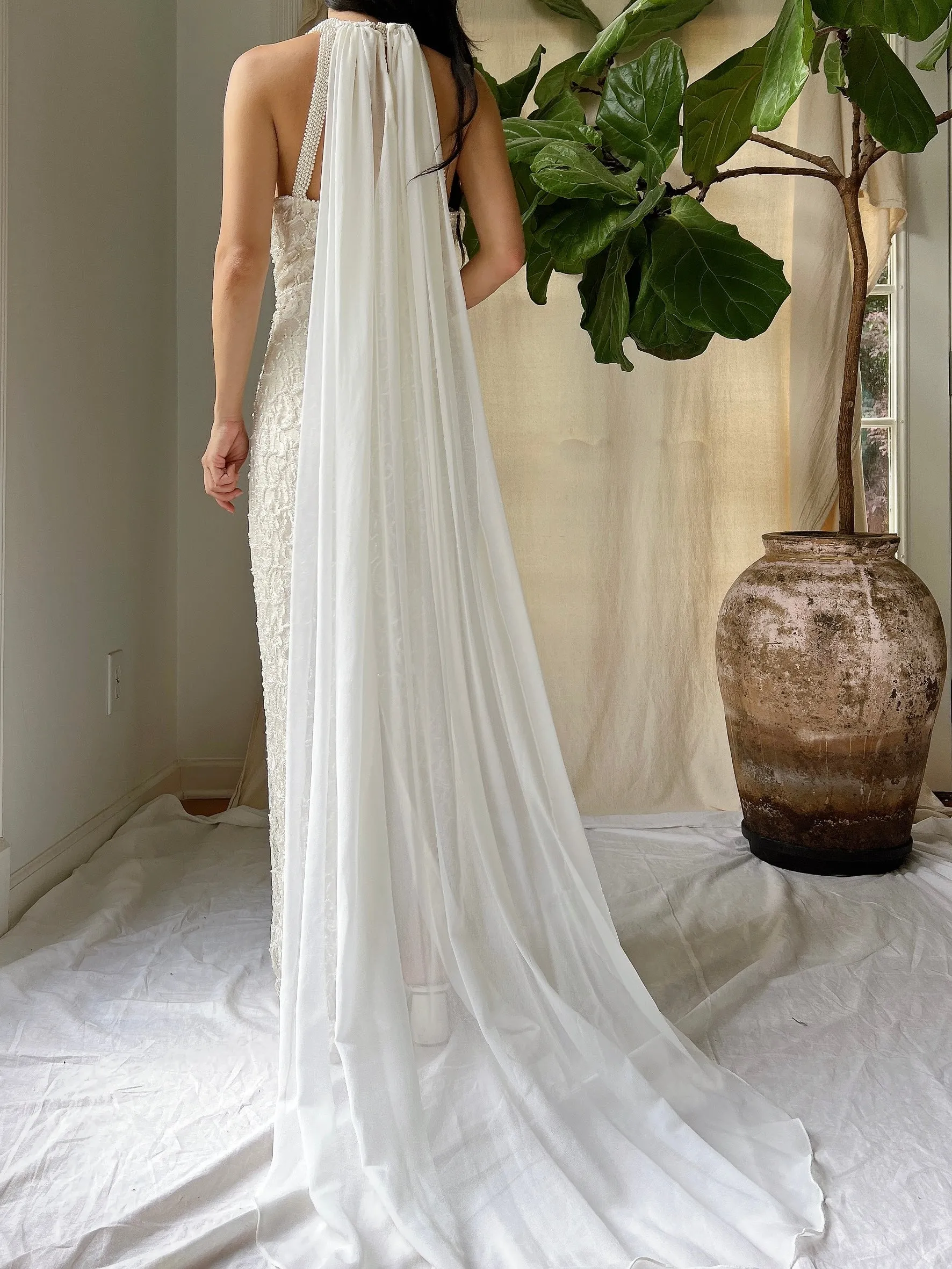 Vintage Lace Pearl Beaded Halter Dress - M