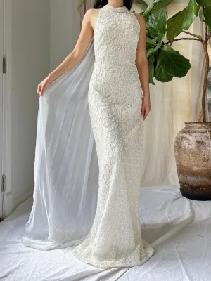 Vintage Lace Pearl Beaded Halter Dress - M