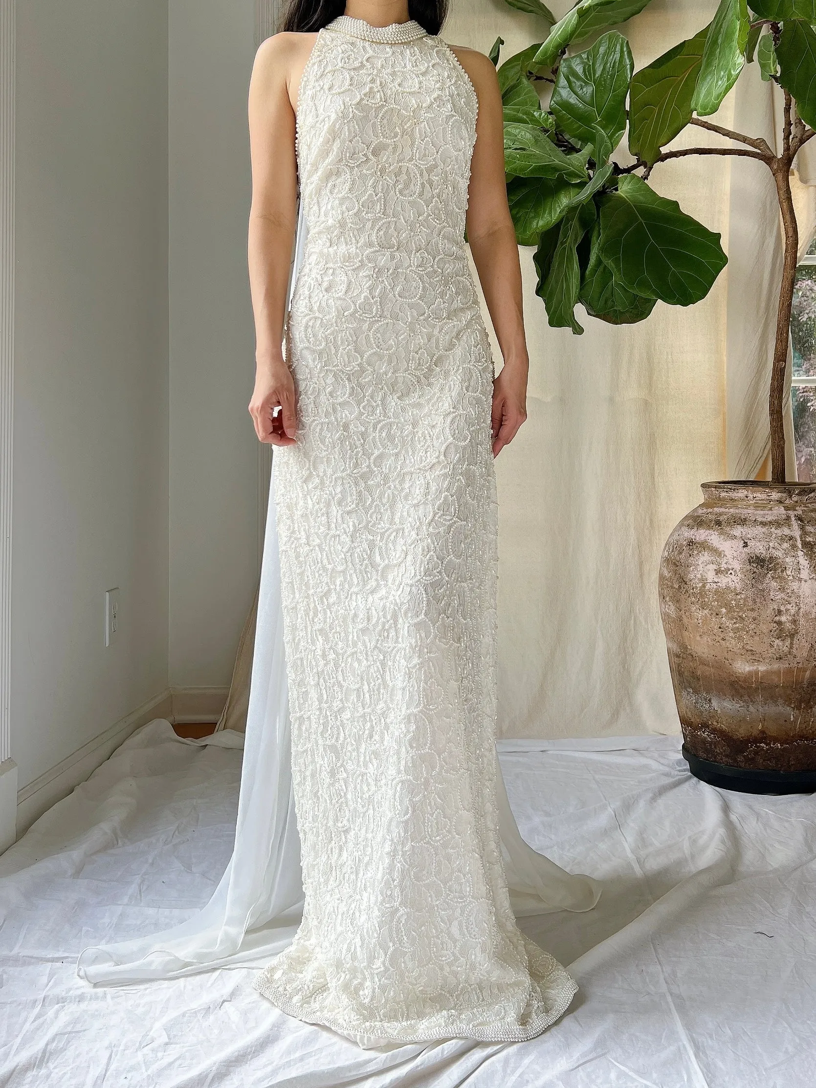 Vintage Lace Pearl Beaded Halter Dress - M