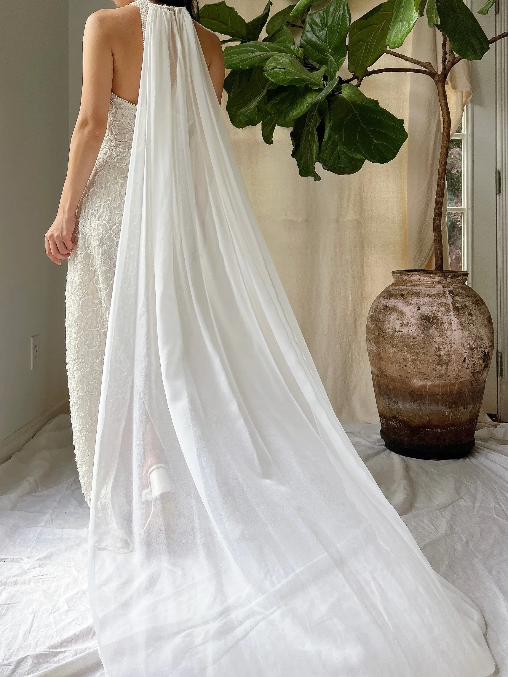 Vintage Lace Pearl Beaded Halter Dress - M