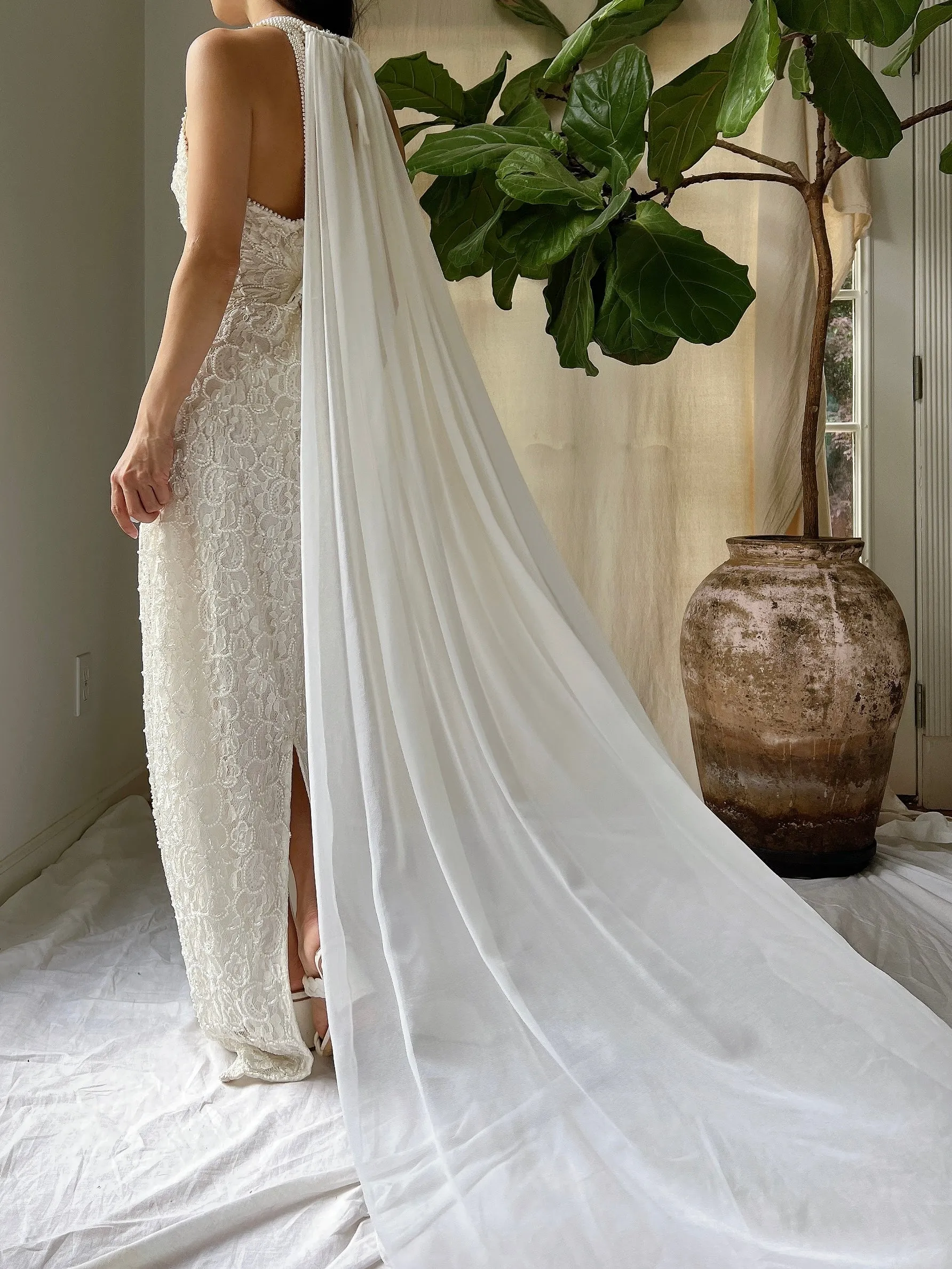 Vintage Lace Pearl Beaded Halter Dress - M