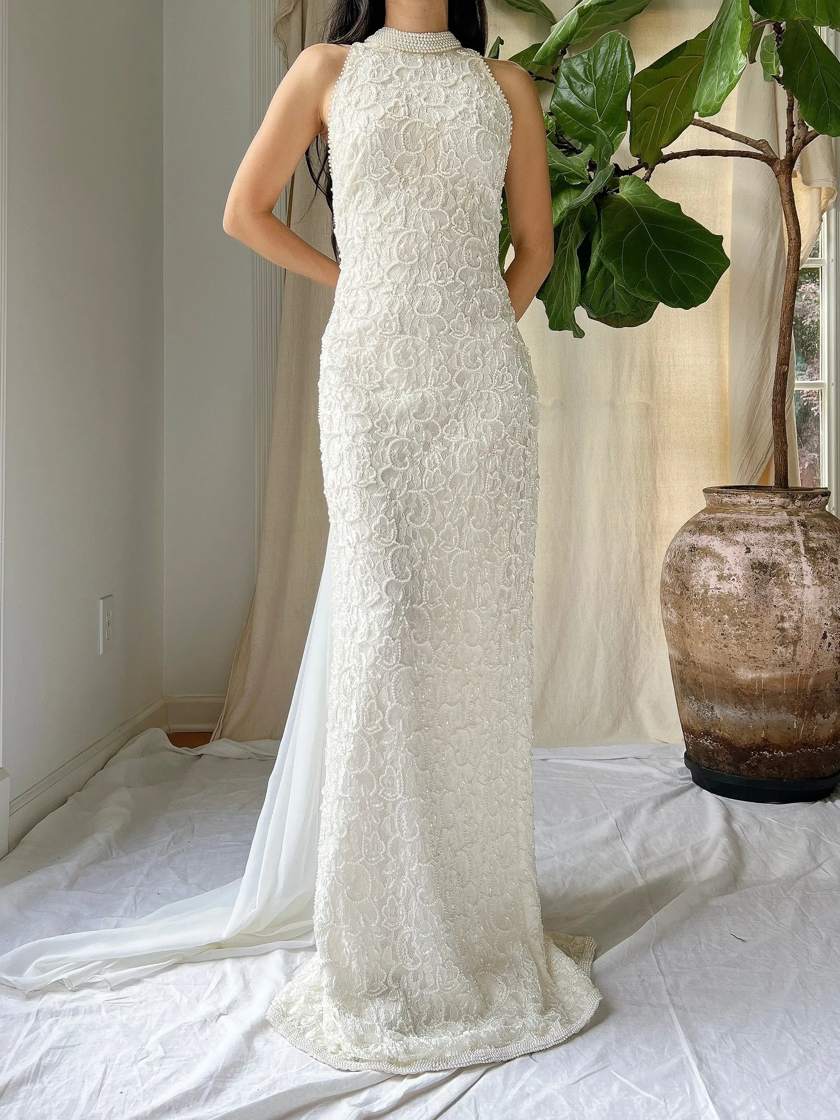 Vintage Lace Pearl Beaded Halter Dress - M