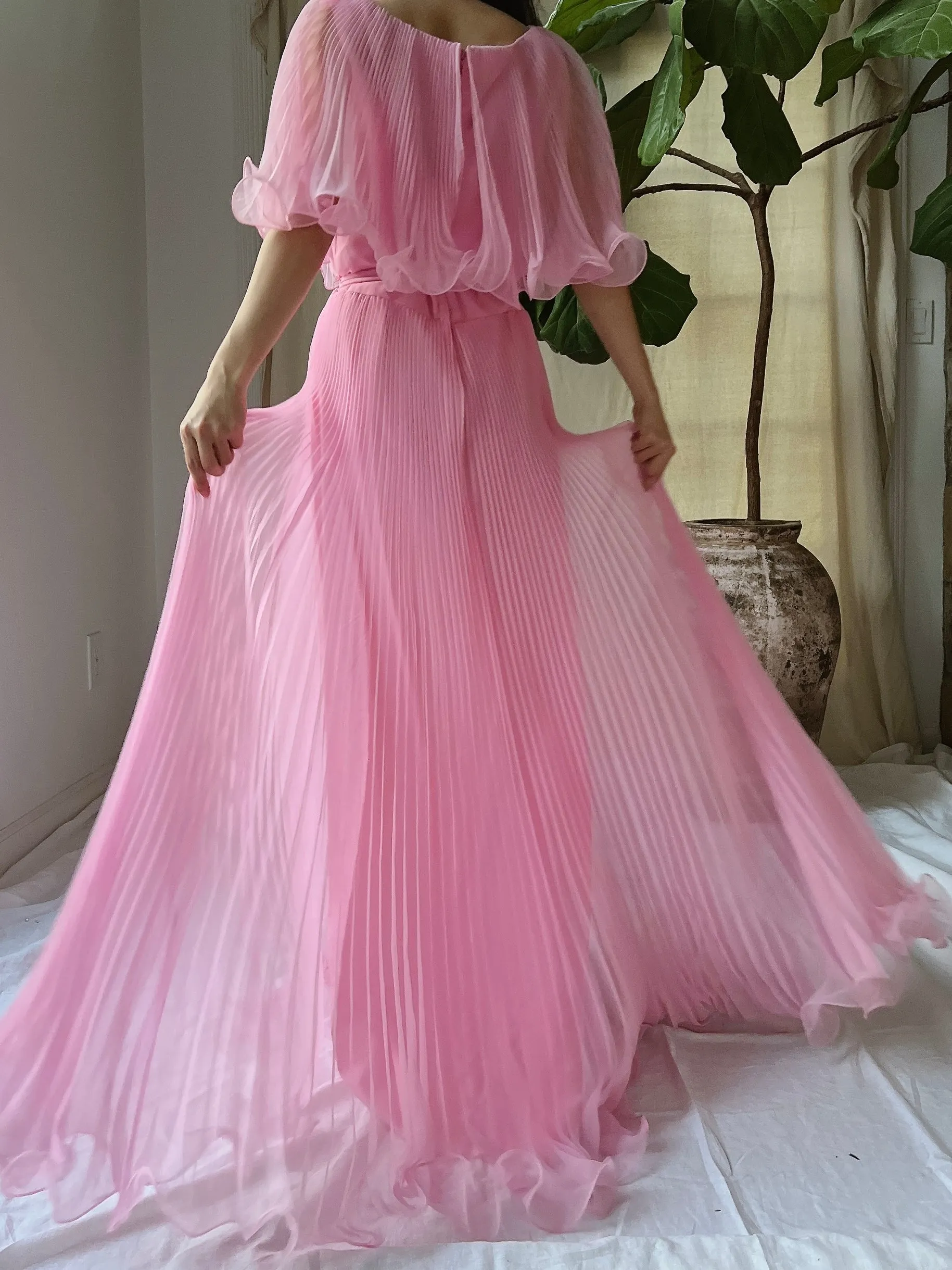 Vintage Pleated Cape Collar Dress - S