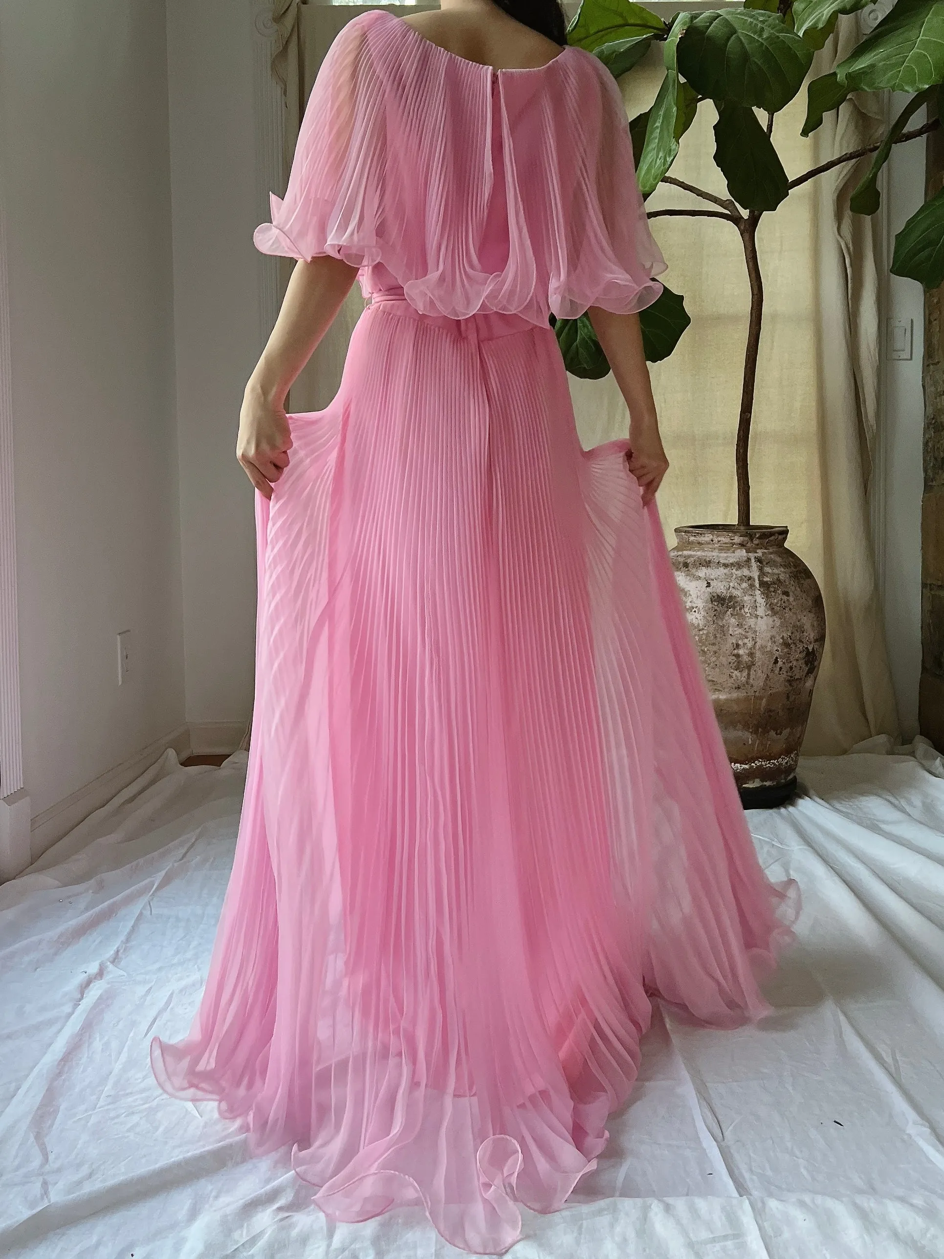 Vintage Pleated Cape Collar Dress - S