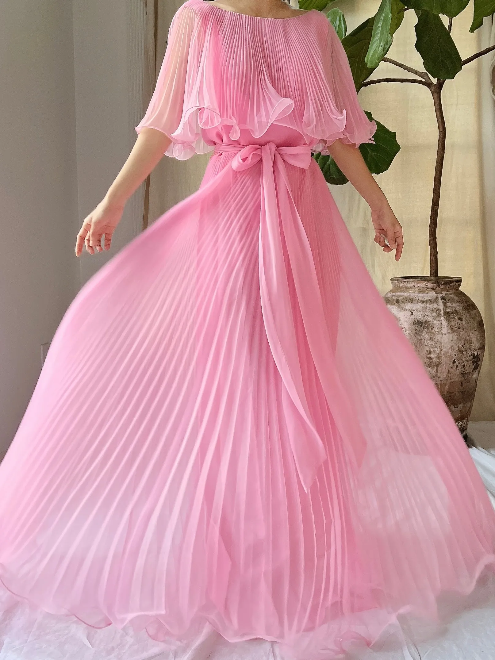 Vintage Pleated Cape Collar Dress - S