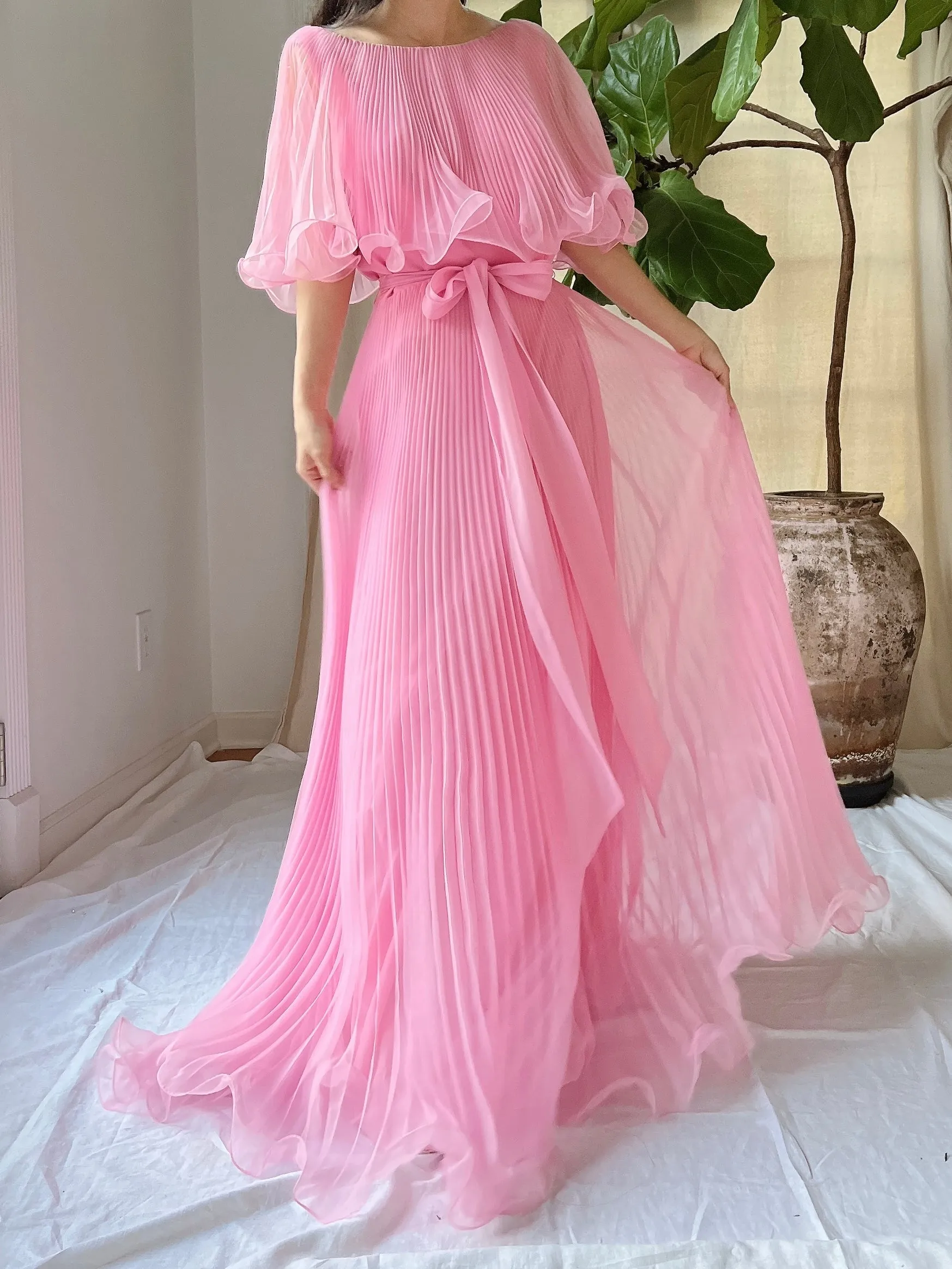 Vintage Pleated Cape Collar Dress - S