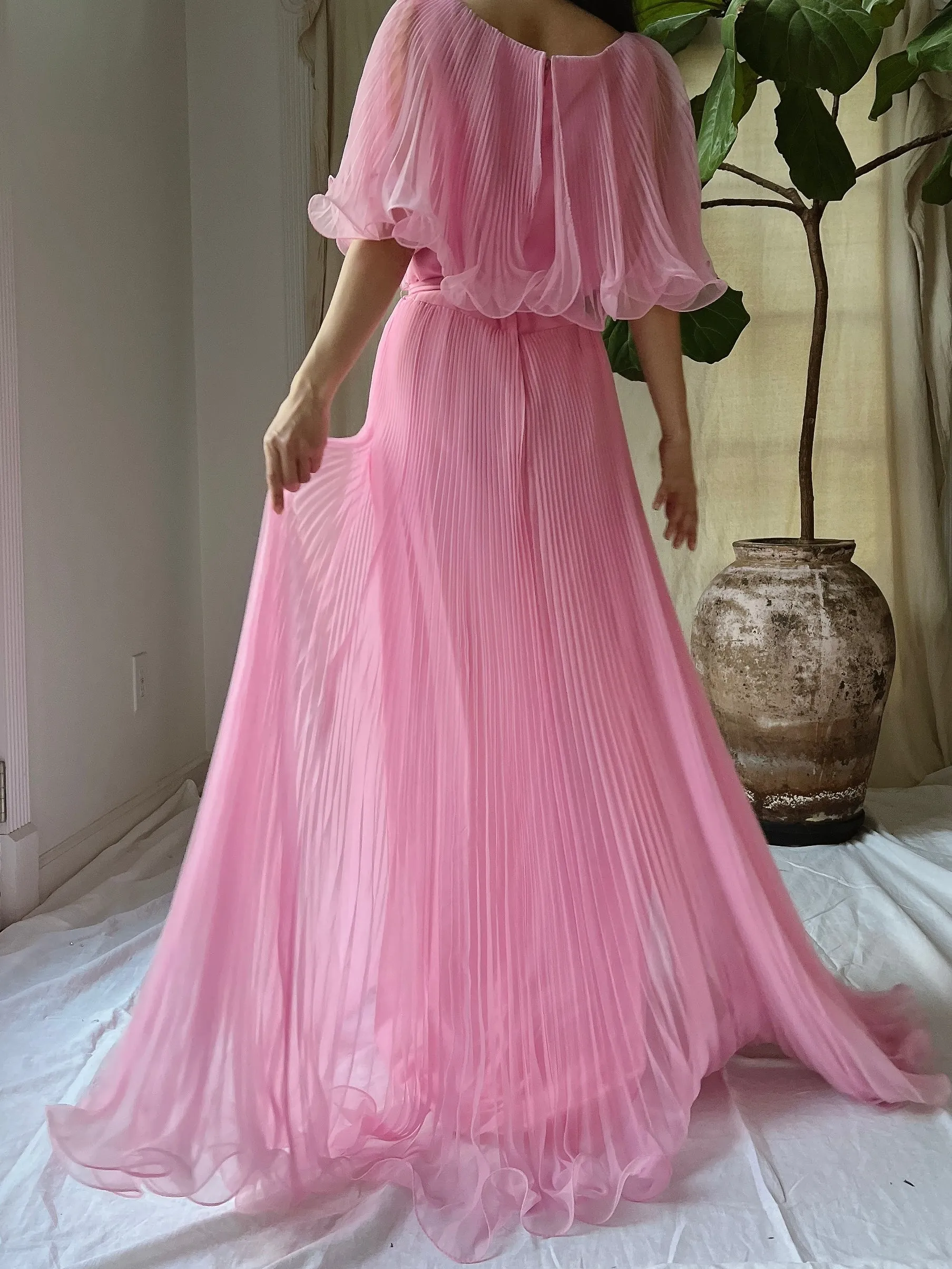 Vintage Pleated Cape Collar Dress - S