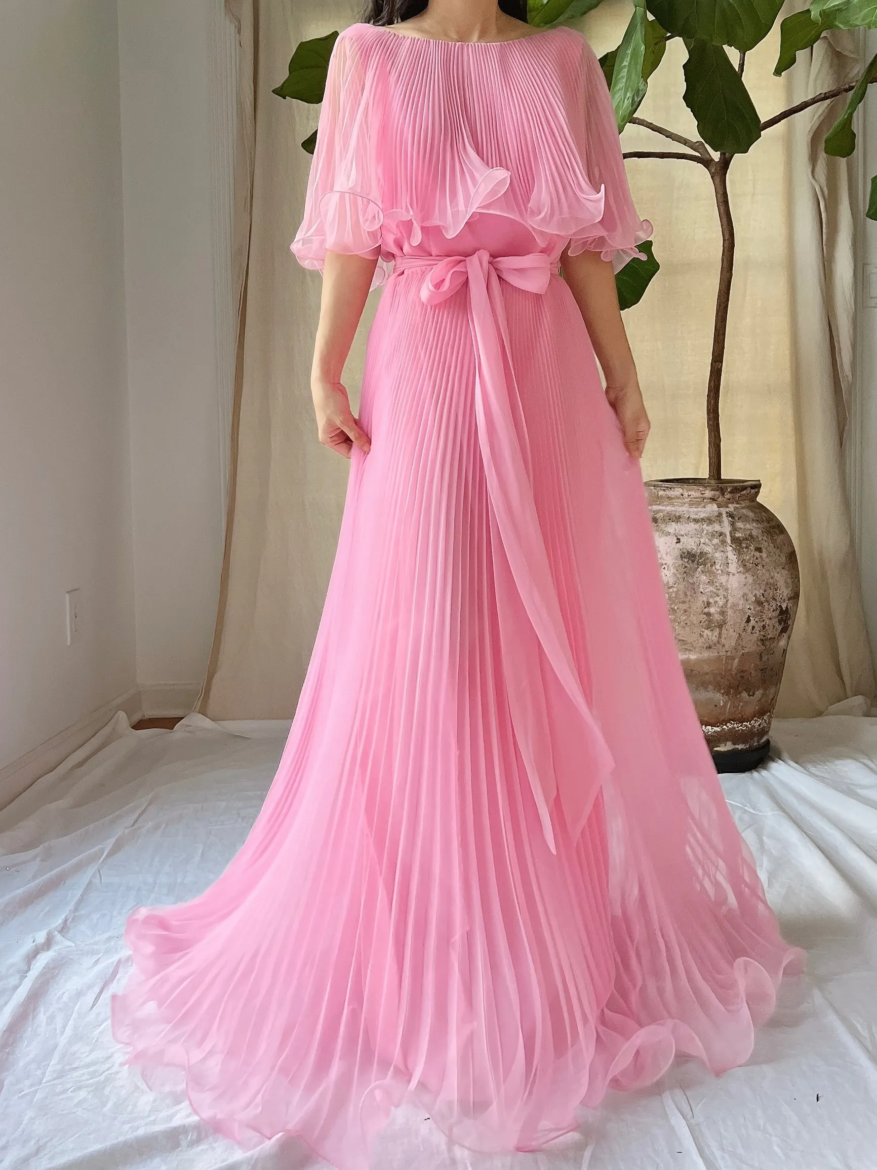 Vintage Pleated Cape Collar Dress - S