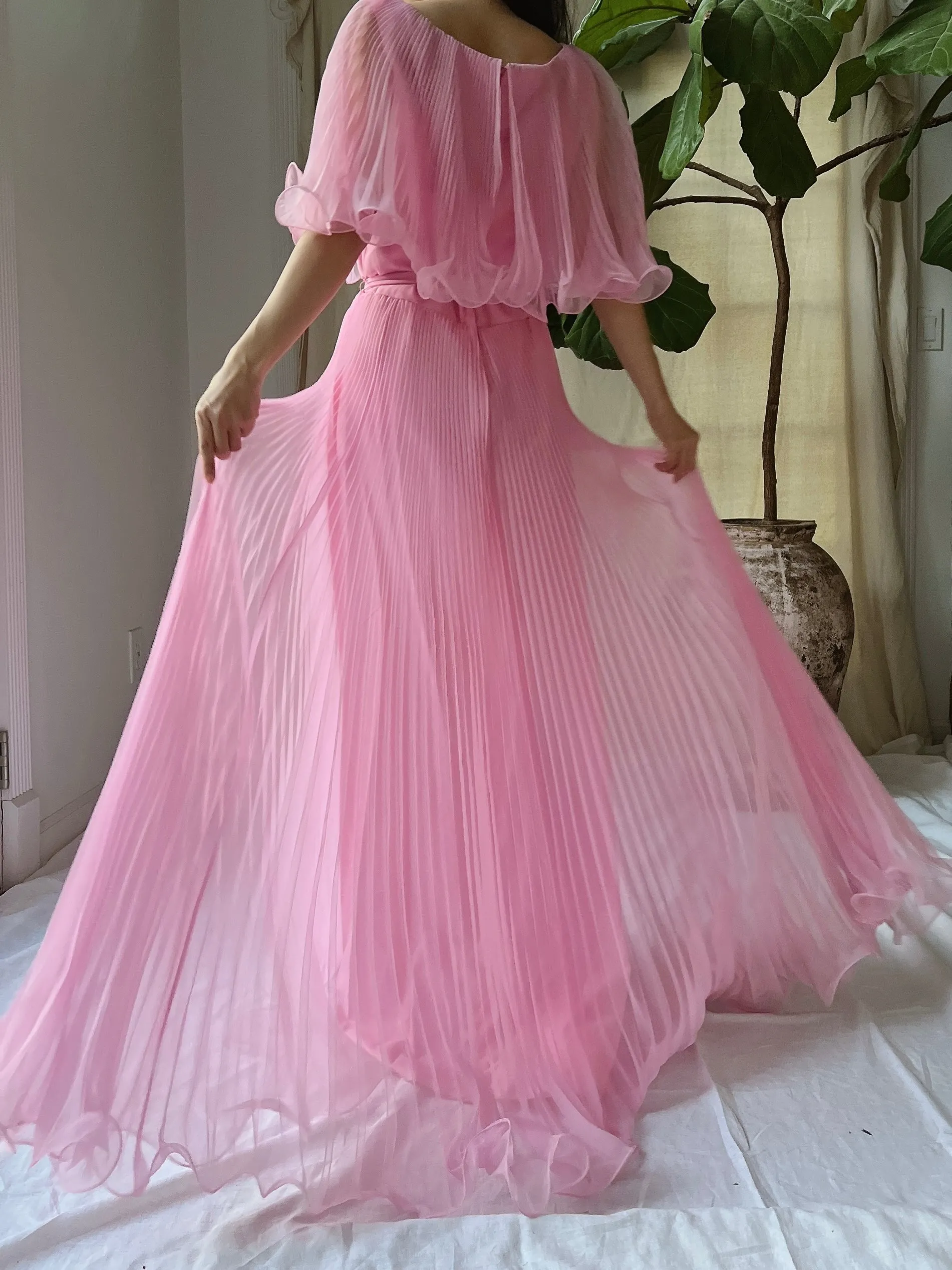 Vintage Pleated Cape Collar Dress - S