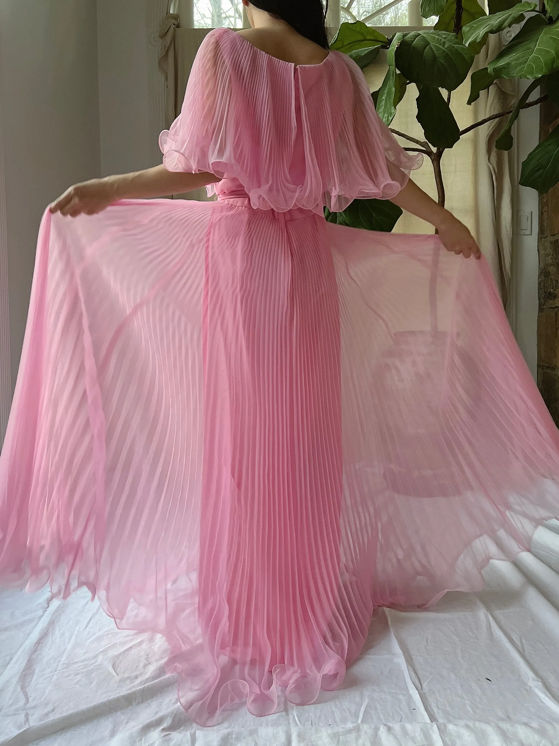 Vintage Pleated Cape Collar Dress - S