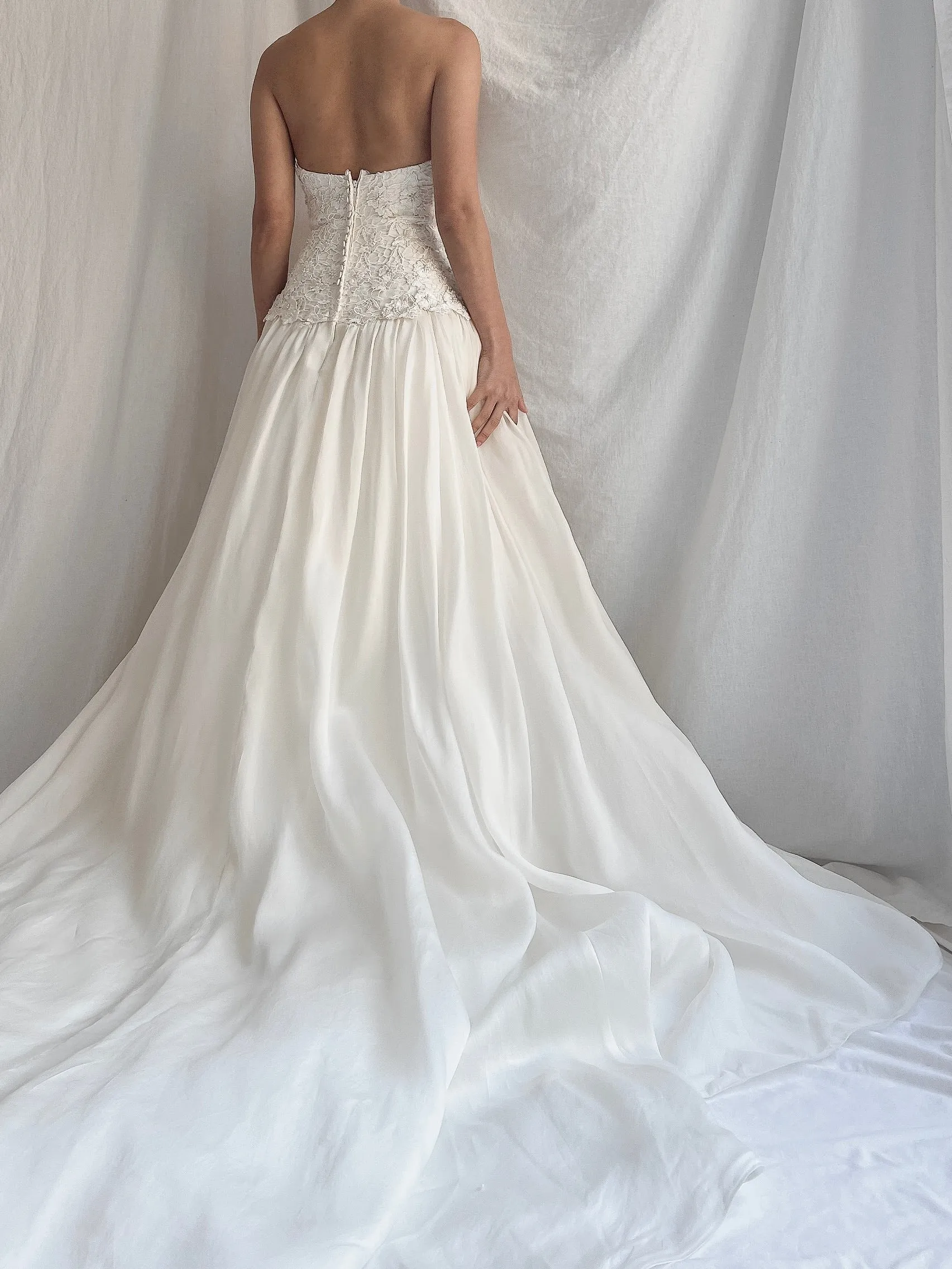 Vintage Silk Organza Embroidered Dropped Waist Bodice - S