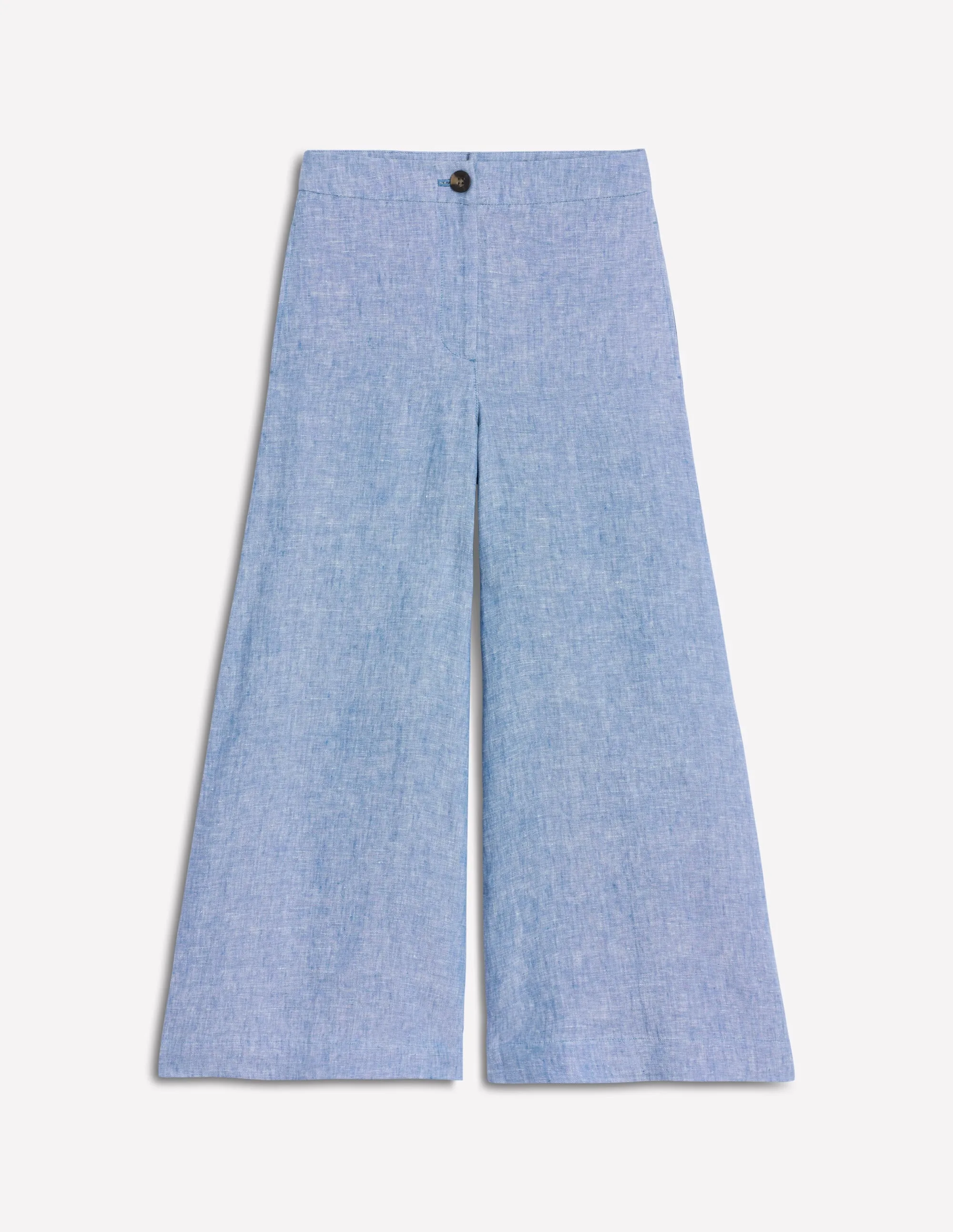 Wide Crop Linen Trousers-Grey Blue Chambray