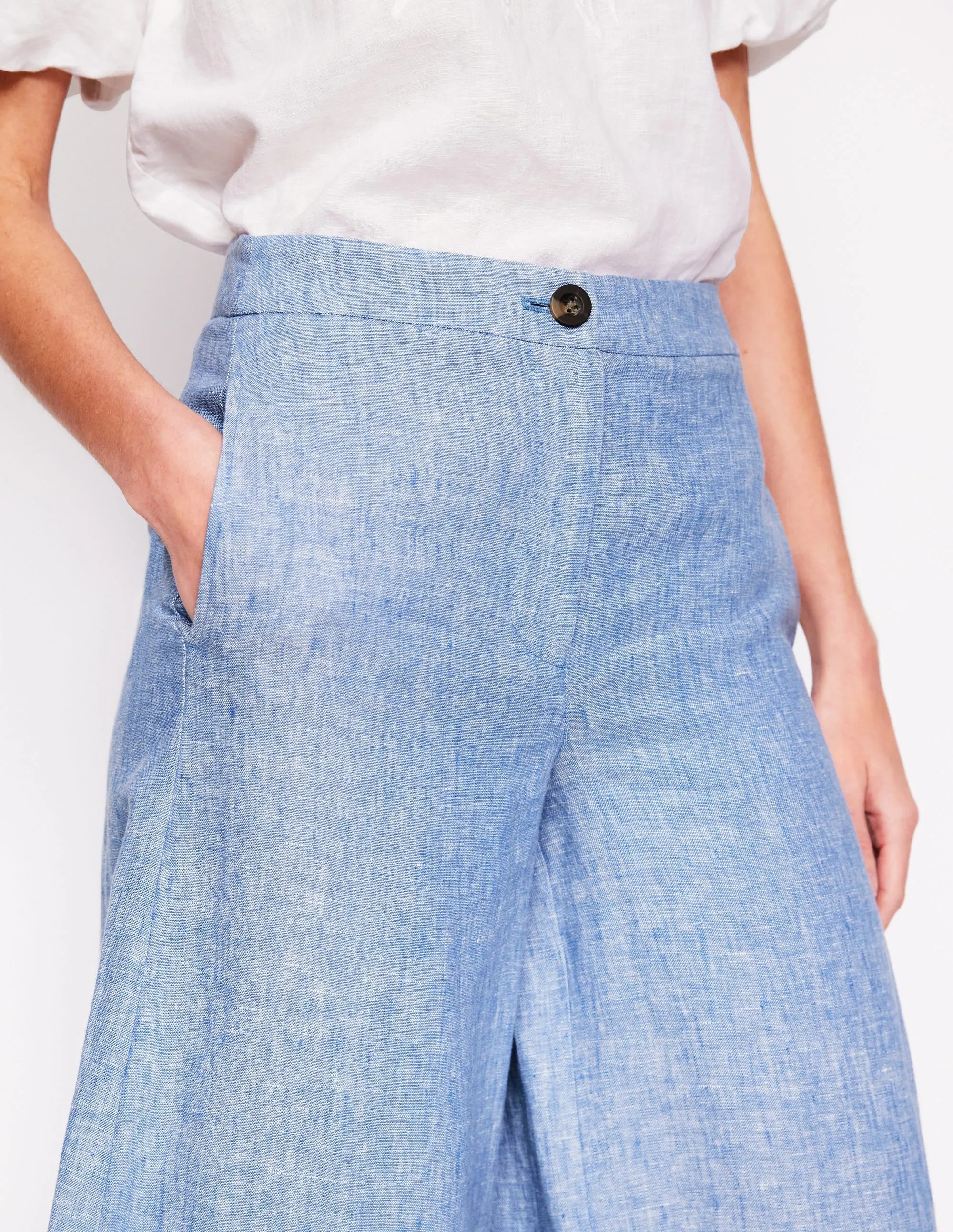 Wide Crop Linen Trousers-Grey Blue Chambray