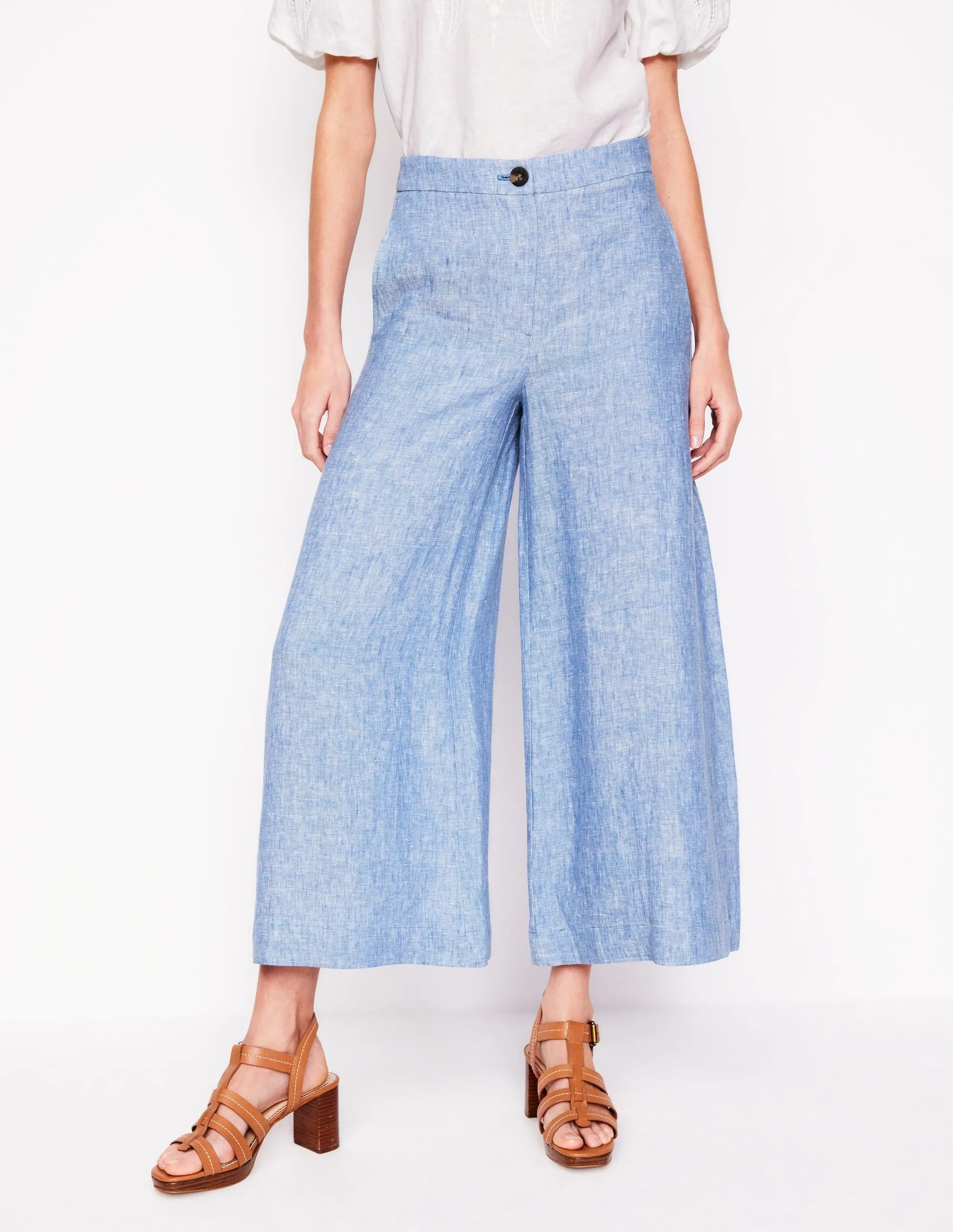 Wide Crop Linen Trousers-Grey Blue Chambray