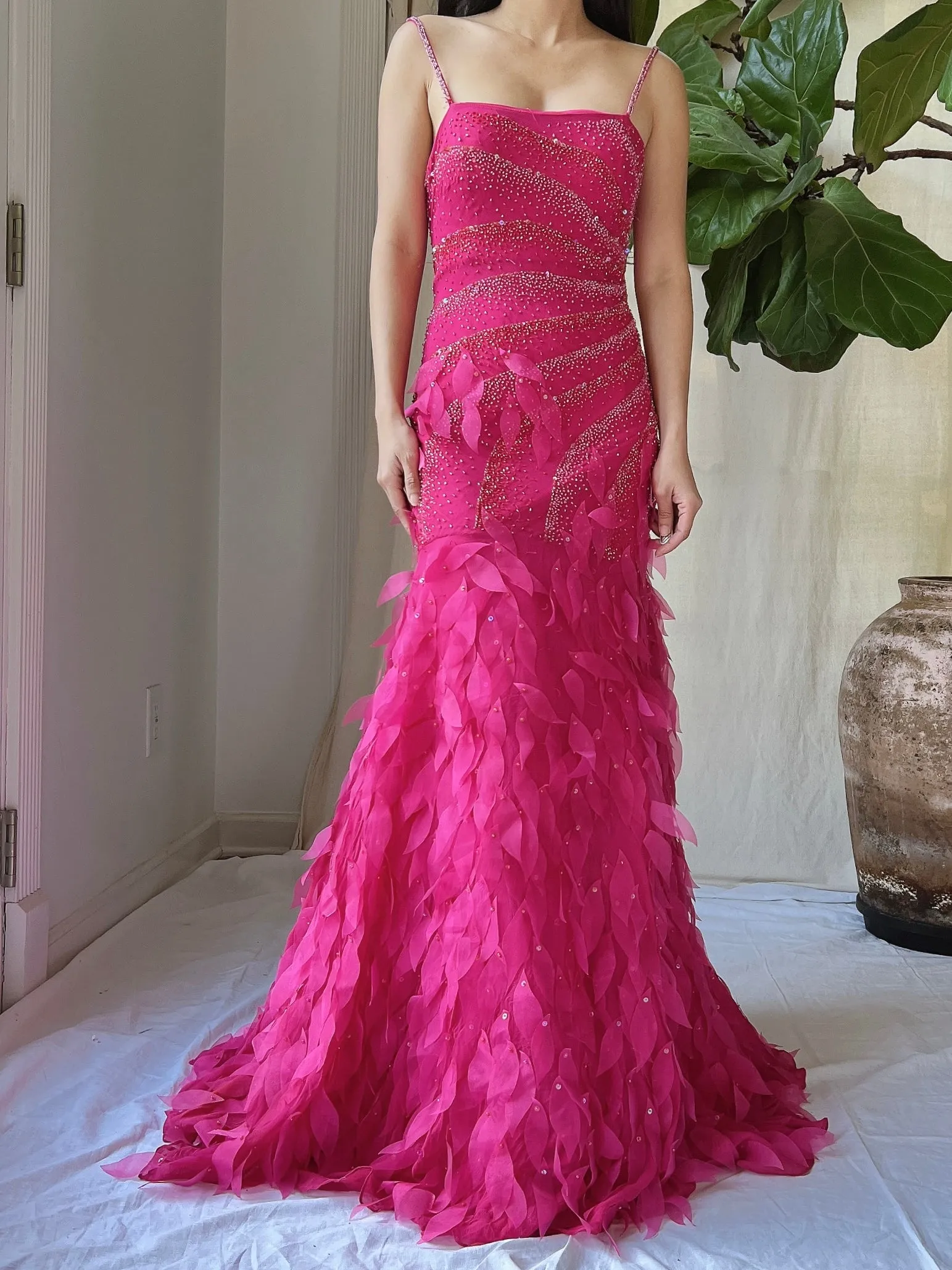 Y2K Silk Beaded Petal Dress - S