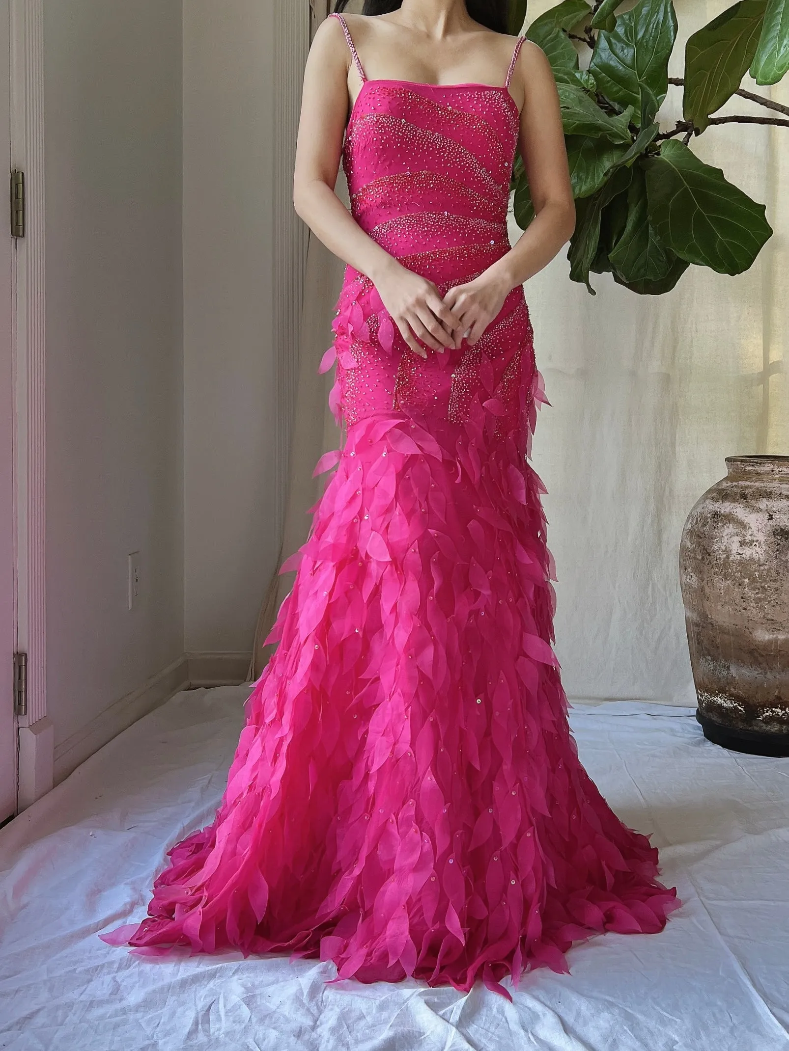 Y2K Silk Beaded Petal Dress - S