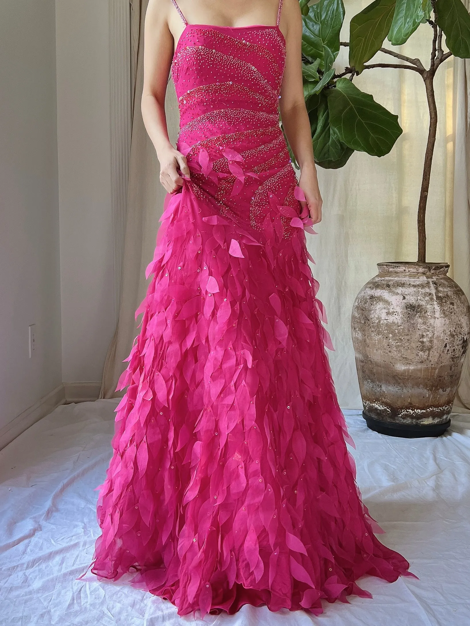 Y2K Silk Beaded Petal Dress - S